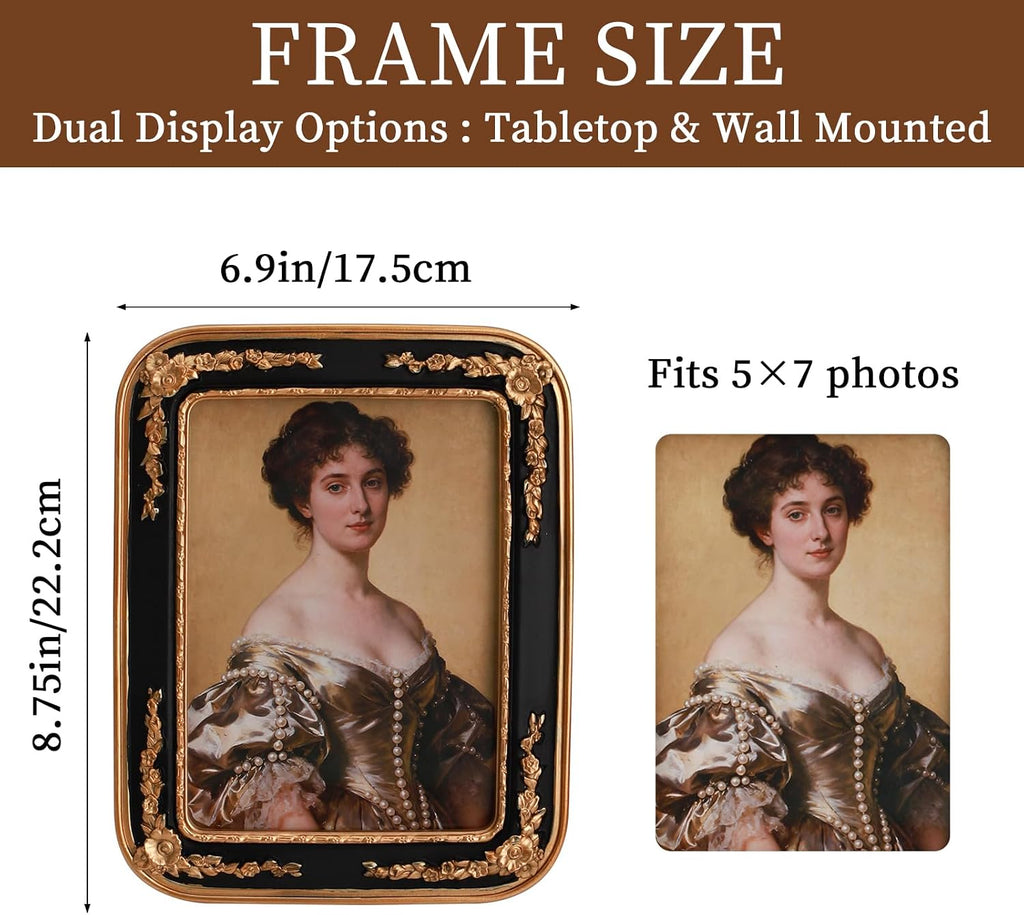 Vintage Black and Antique Gold 5x 7 Picture Frame, Ornate Floral Embossed Victorian Style Decorative Photo Frame, Black Gold Vintage Picture Frames 5x7 with Glass Front for Tabletop, Shelf, Mantel or Wall Hanging, Traditional Vintage Home Décor (Black/...