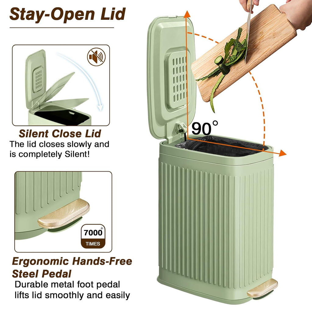 Slim Trash Can for Bathroom with Air Freshener Soft Close Lid, 6 Liter/ 1.6 Gallon Stainless Steel Garbage Can with Removable Inner Bucket,Step Pedal, Small Wastebasket for Bedroom, Kitchen (GREEN)