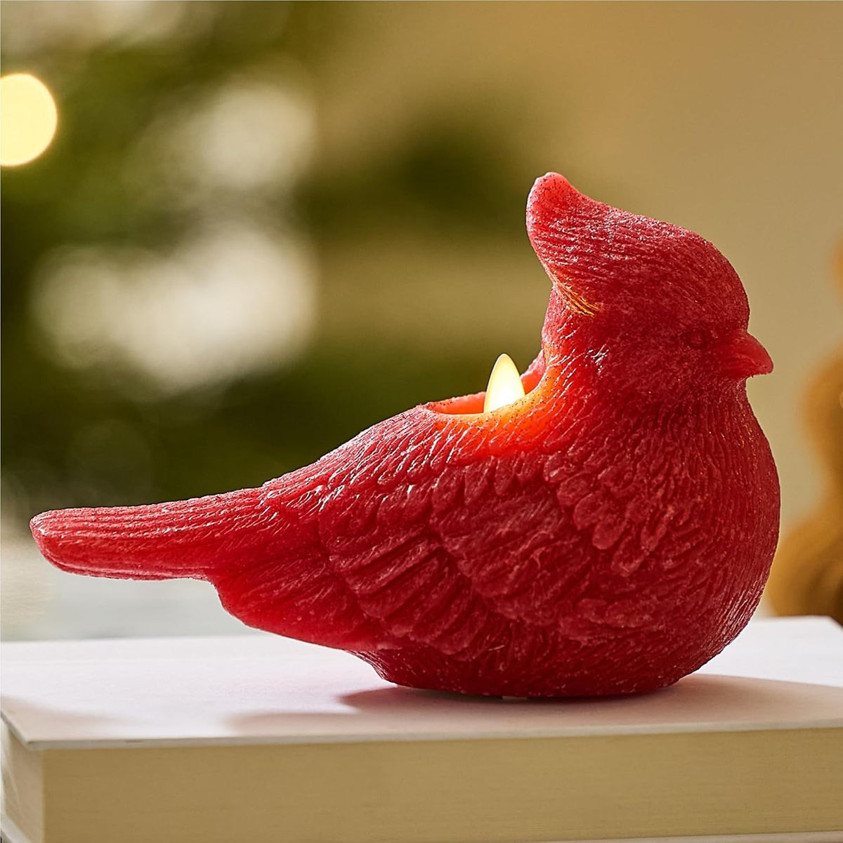 Luminara - Flameless Flickering Moving Flame Battery Operated Unscented Candle LED Décor & Gift- Winter Holiday & Christmas Figural Friends Collection - Red Glitter Cardinal Bird, 7” L x 3.3” W x 4.8” H)