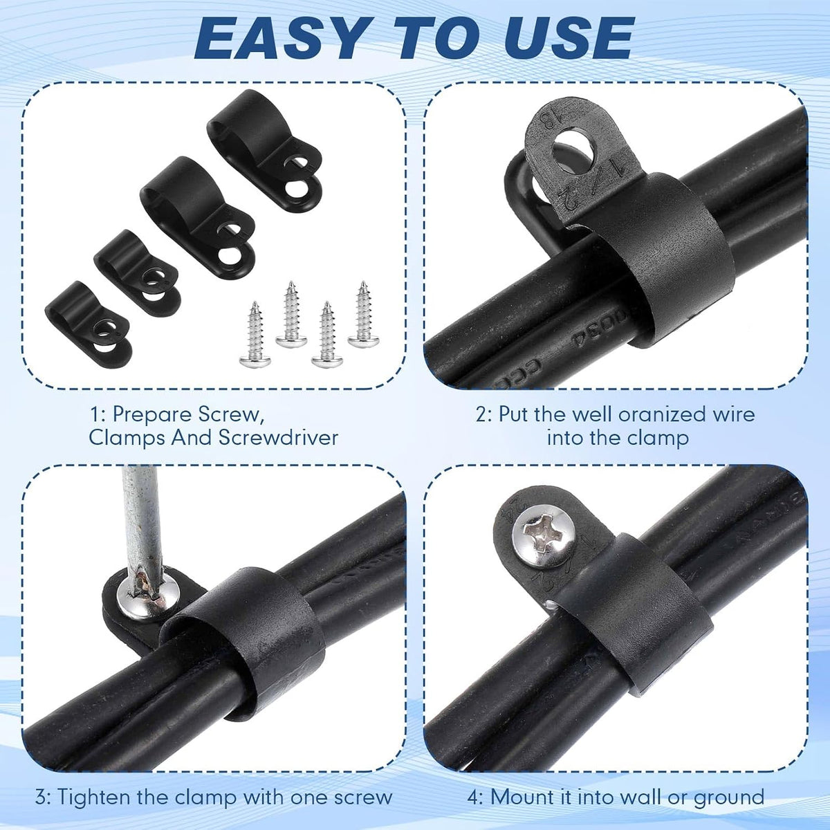 Hicarer 100 Pcs R-Type Cable Clips with Screws Wire Cord,Black,1/2inch