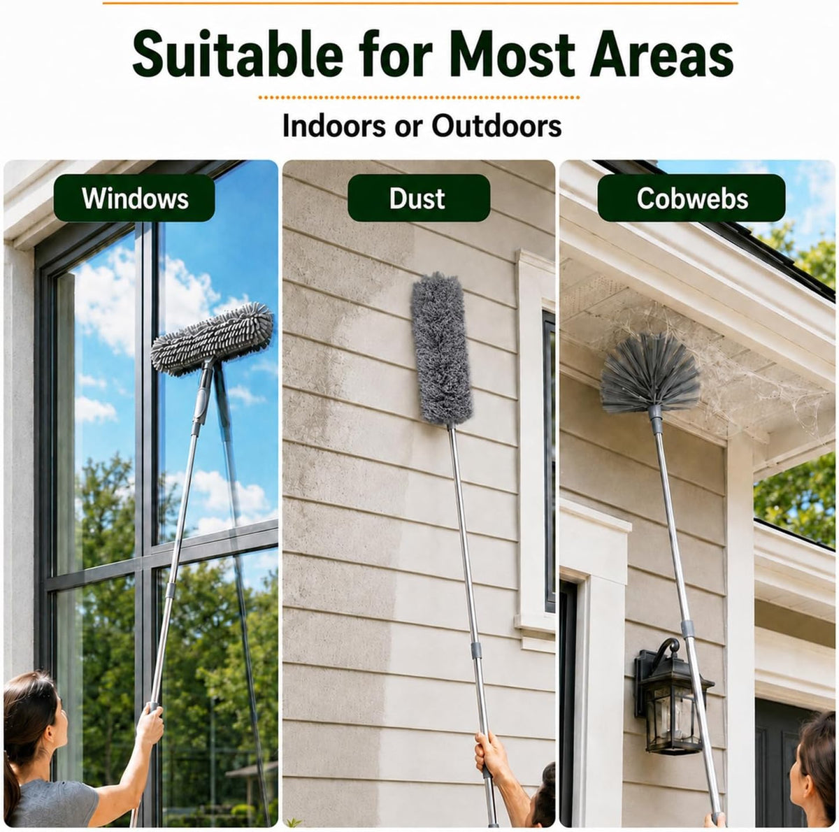 Cobweb Duster with Extension Pole,Window Squeegee, 3-in-1 Kit