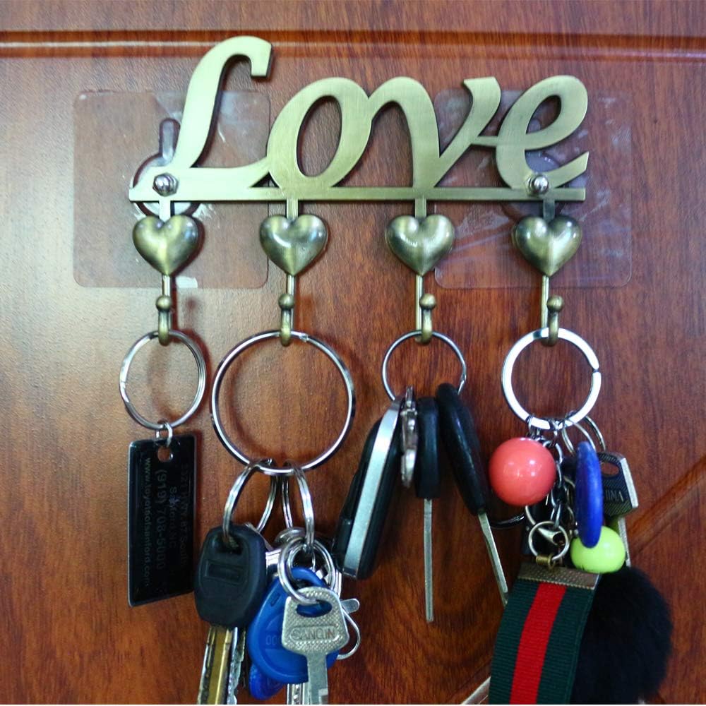 Myartte Key Holder- Key Hooks Decorative for Wall Decorative Zinc Alloy Key Organizer Rack with 4 Hooks -with Screws and Sticker (Antique Brass Love)