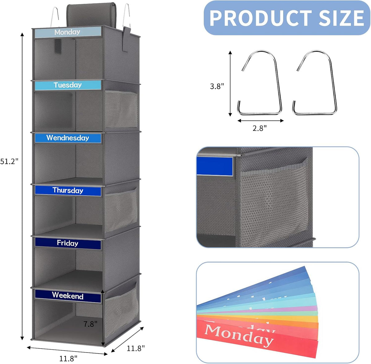 Weekly Kids Clothes Organizer 6-Shelf Hanging Closet Storage Dark Grey