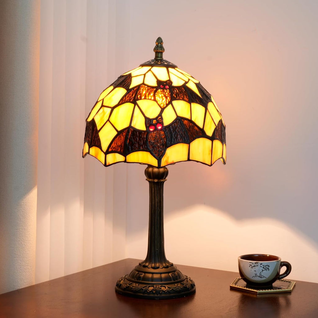 Tiffany Lamp Halloween Black Bat Stained Glass Table Lamp Handmade Bedside Table Night Unique Cute Accent Nightstand Light Antique Art Craft Gifts for Home Office Dormitory Bar Decorate