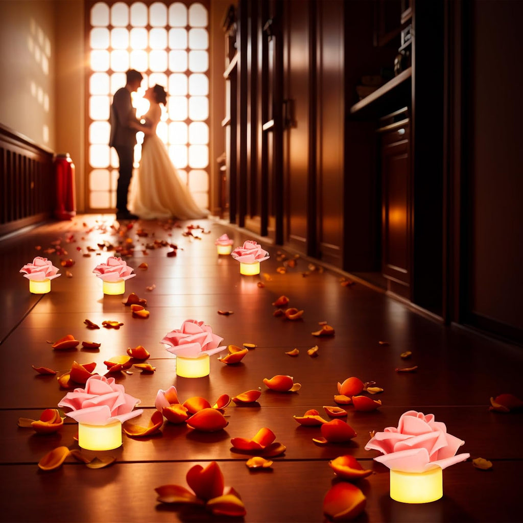 SupBri 12 Pack Led Tea Lights with Artificial Pink Flower