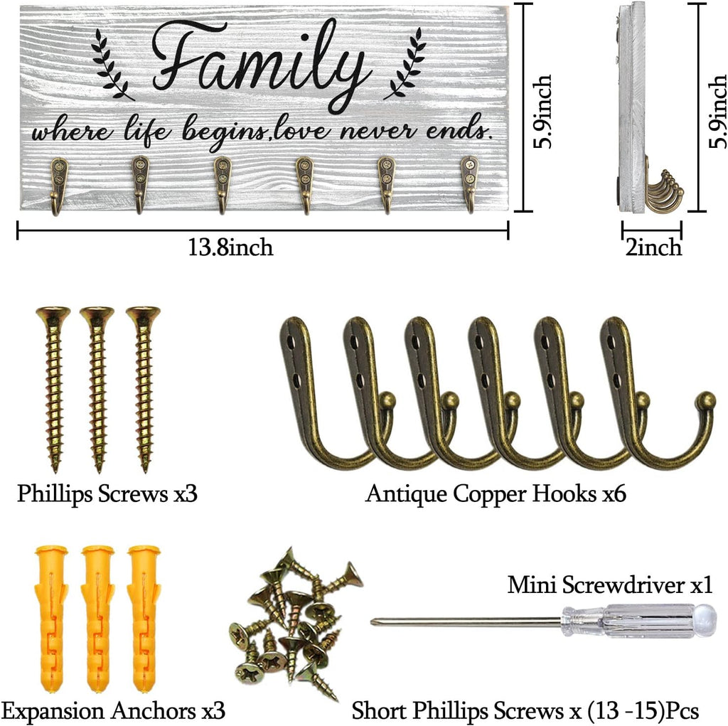 AHYS Key Holder Wall Mount Family Wall Decor Wooden Key Rack Hanger with 6 Hooks for Farmhouse Home Entryway Living Room Decor - Light Grey