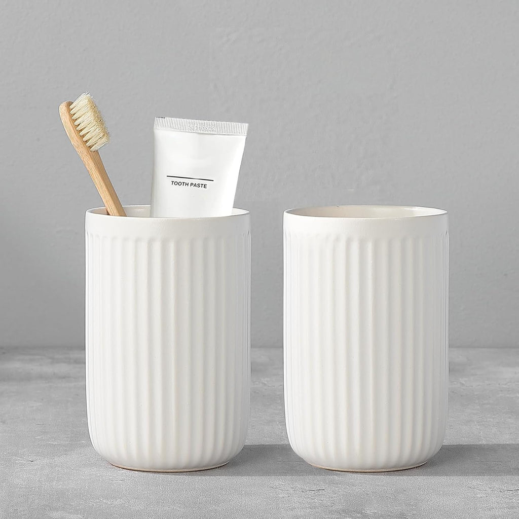 White Toothbrush Holders for Bathrooms - 2 Cups Ceramic Toothbrush Toothpaste Holders Set, White Bathroom Tumbler Cups Reusable Toothbrush Mouthwash Cup, Bathroom Counter Organizer.