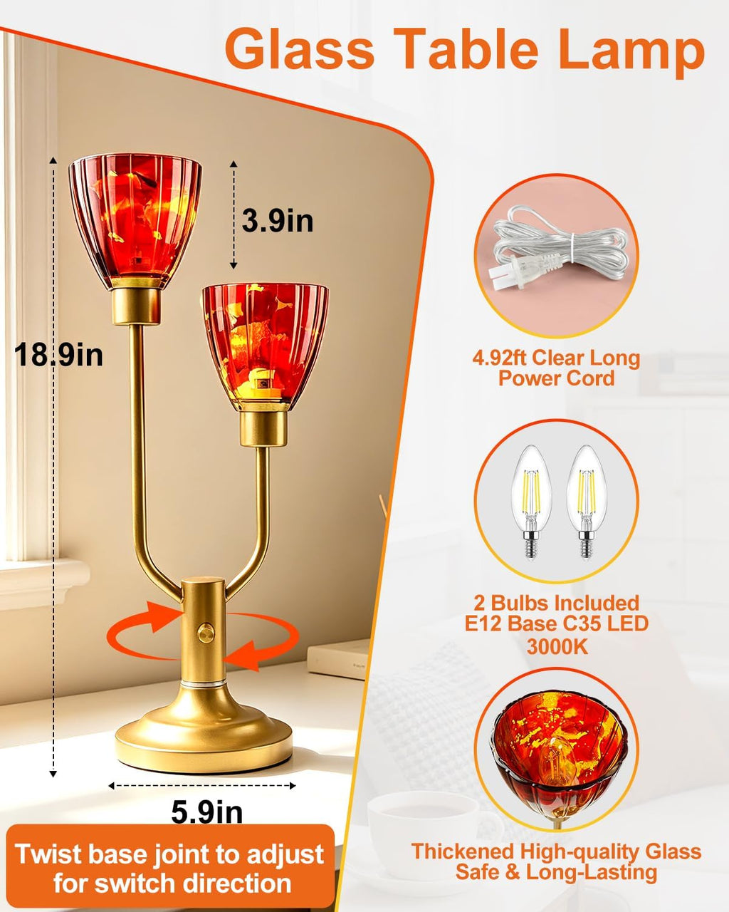 Lightdot Mid Century Modern Table Lamp Red Glass Vintage Lamp Gift Dimmable