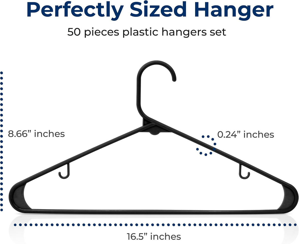 SereneLife 50 Pack Plastic Clothes Hangers | Organize Shirts, Dresses & Coats in Your Closet | Lightweight Non-Slip Recycled ABS, Heavy Duty, Ultra-Thin 0.24-Inch Profile, 5.5 Lbs Capacity | Black