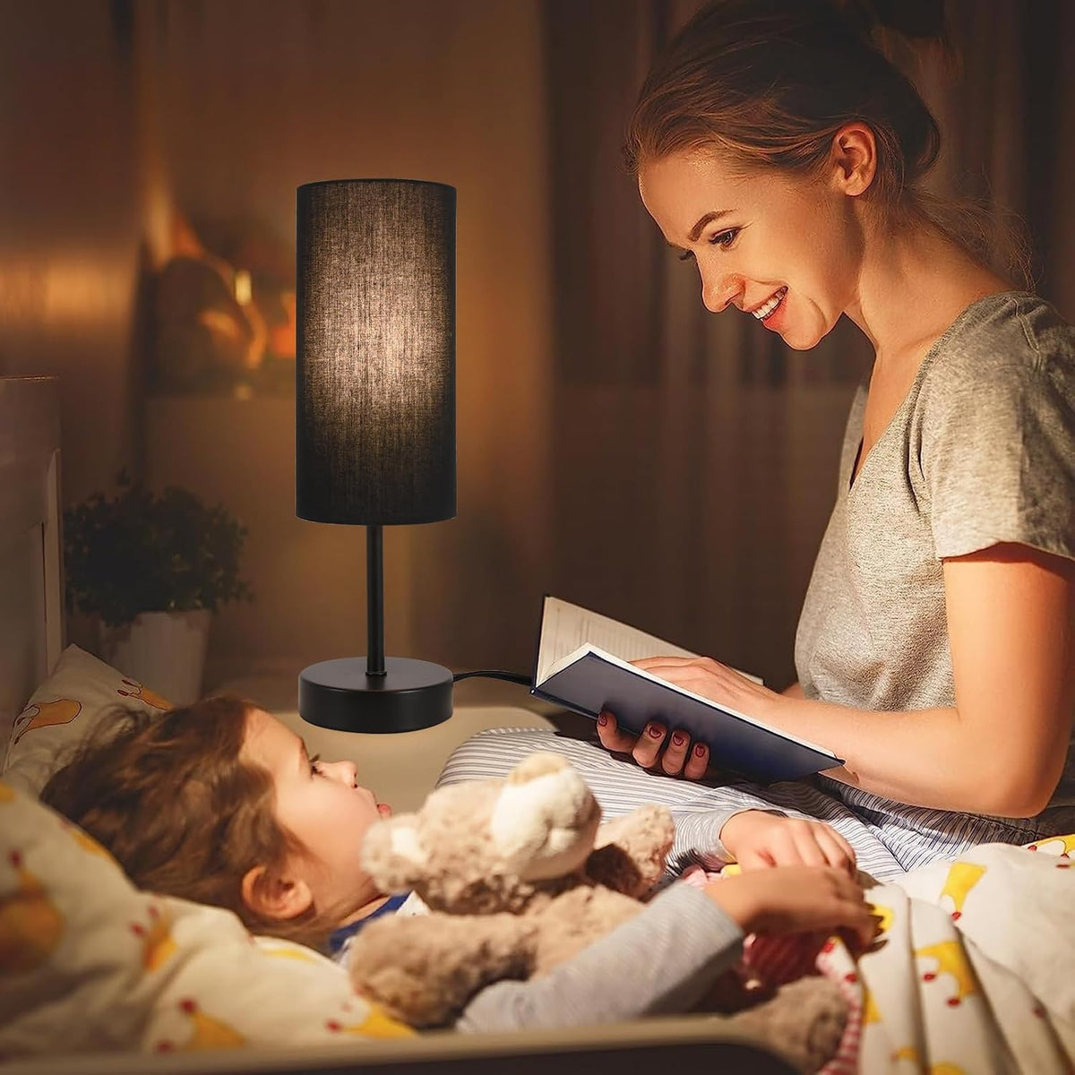 RISLG 2 Pack Table Lamp for Bedroom, Bedside Lamps for Nightstand with Wire Switch, Minimalist Desk Lamps with Linen Fabric Shade for Kids Room Living Room Office Dorm, Bulb Included