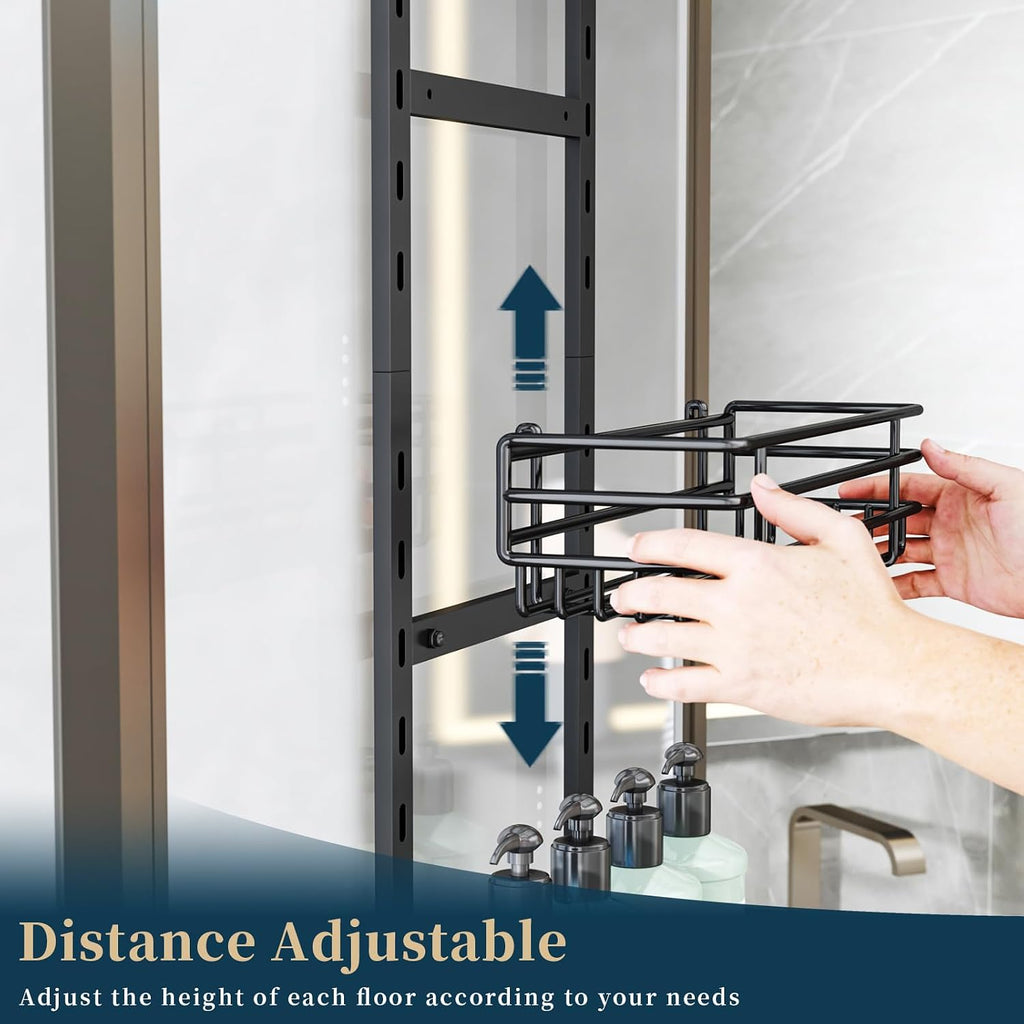 Consumest Over The Door Shower Caddy - 5 Tier Adjustable Shower Organizer Hanging with 2 Toothbrush Holders & 4 Hooks, Rustproof Organizer Shelf, Storage Rack for Bathroom, Black