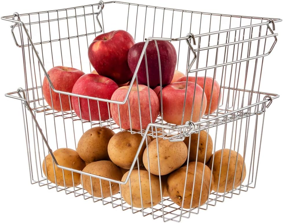 Stackable Wire Metal Baskets Fruit Vegetable Organization Pantry Cabinet Metal Bin Large Basket Shelves Storage for Kitchen Freezer, Set of 2