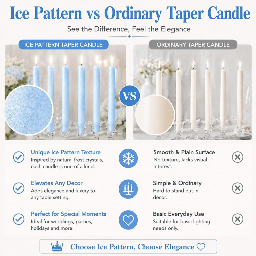 11-Hour Long Burning Ice Flower Taper Candles - 6 Pack 10 Inch Unscented Palm Wax Candlesticks - Natural Crystalline Texture, Smokeless & Dripless for Wedding, Dinner, Vigil, Blue