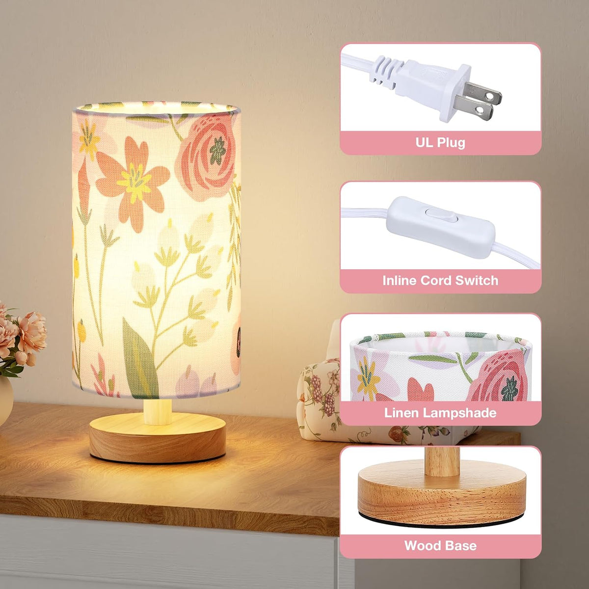 Fenmzee Small Table Lamps (Floral White Shade, 9" Inline Control)