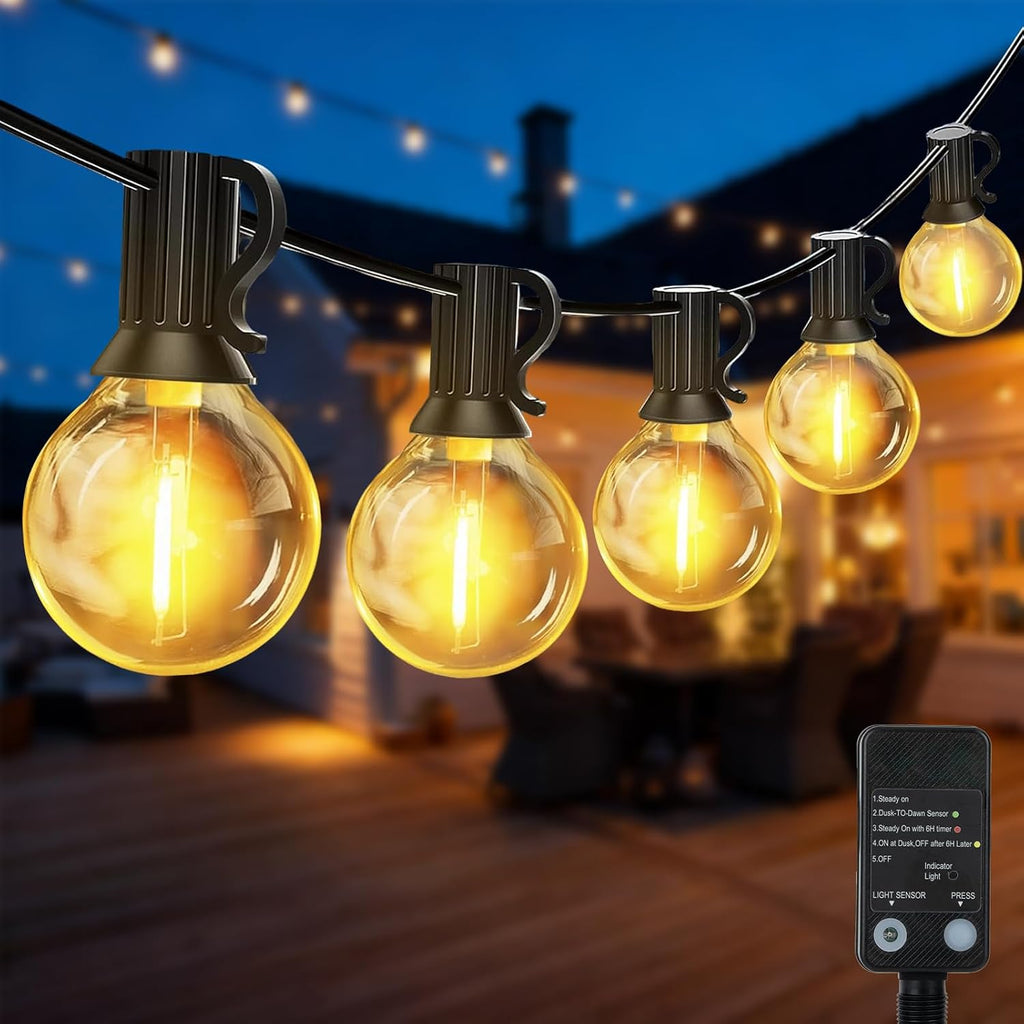 G40 100FT Outdoor String Lights, Waterproof Patio Lights with Light Sensor