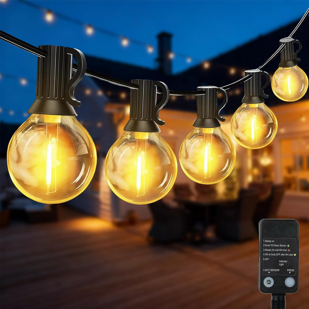 G40 100FT Outdoor String Lights, Waterproof Patio Lights with Light Sensor