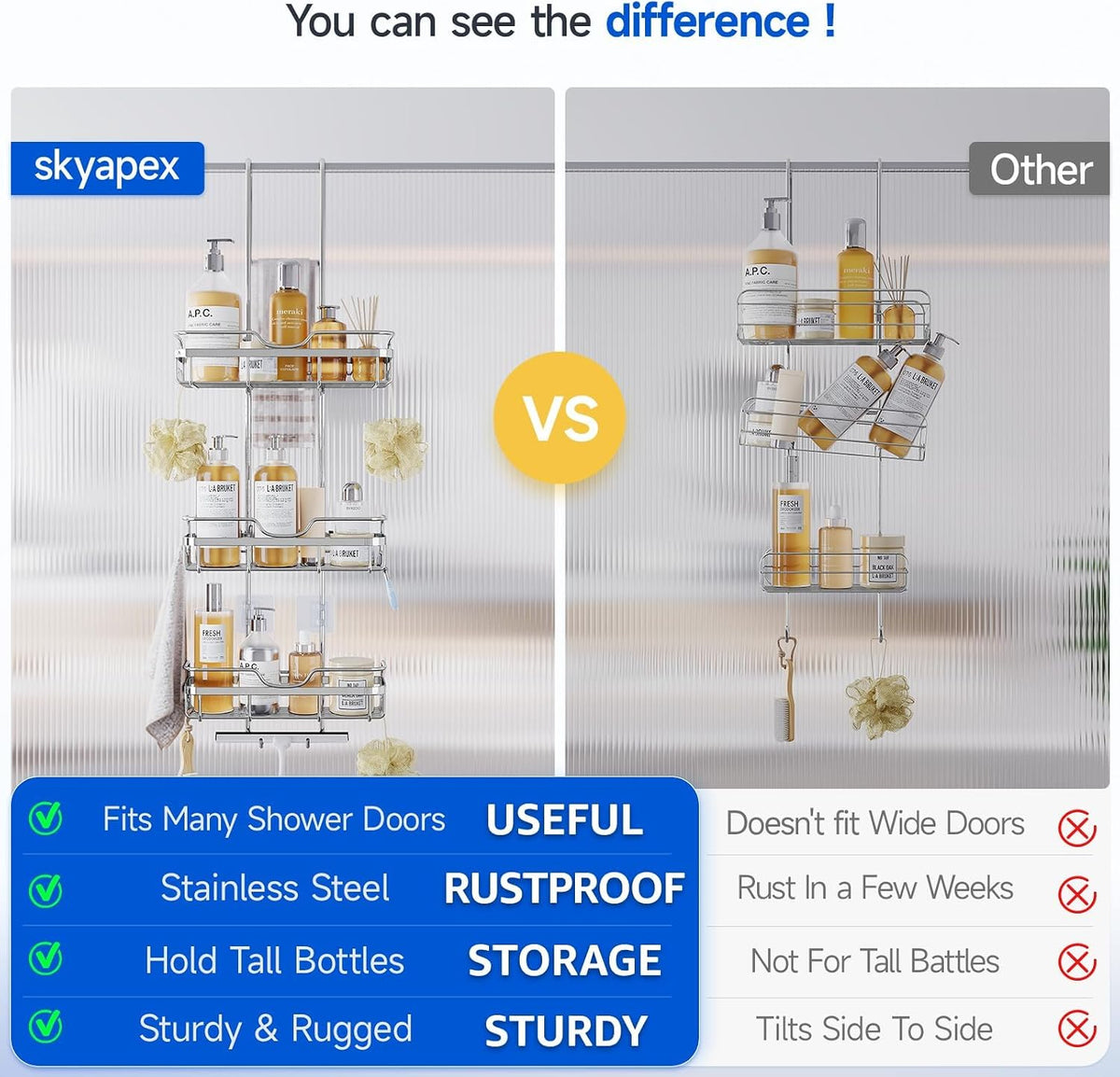 Skyapex Shower Caddy Over the Door Organizer: Bath Rack Hanging Over Glass with Hooks - Storage Shelf Inside Bathroom for Shampoo - Sliver