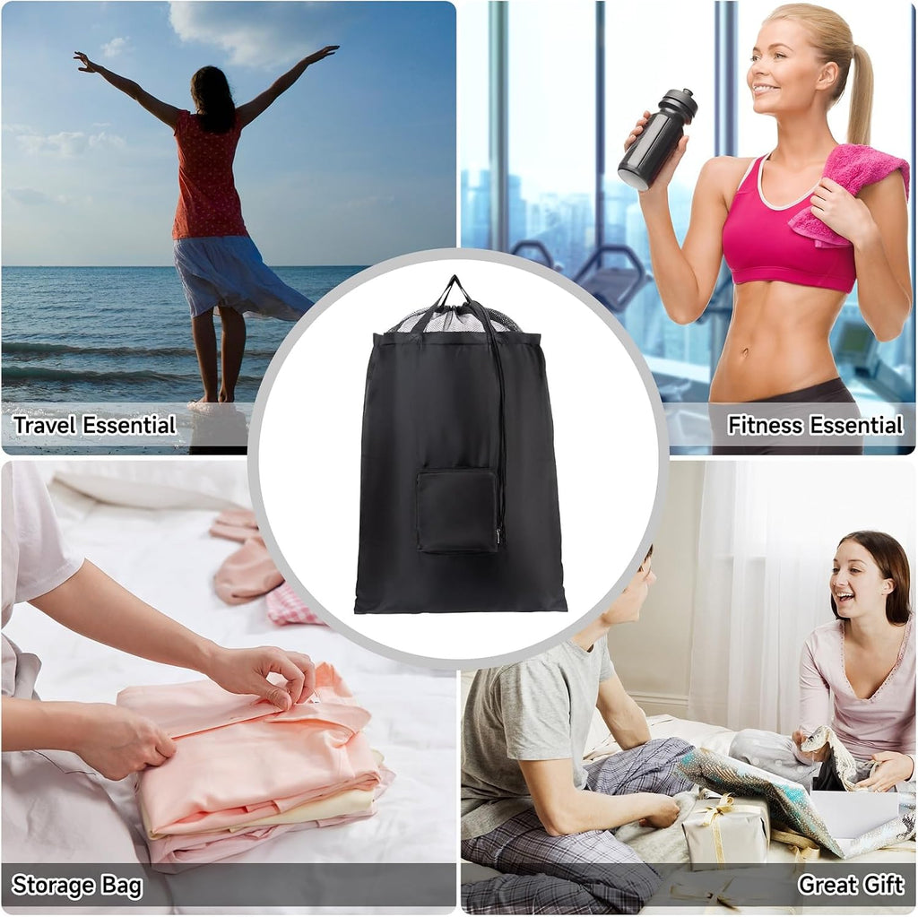 2 Packs Travel Laundry Bags, CLEADUS Foldable Dirty Clothes Bag 【Upgraded】 with Drawstring Mesh, Handles, and Carabiner, Portable, Suitable for Travel, Gym, Camping (Black)