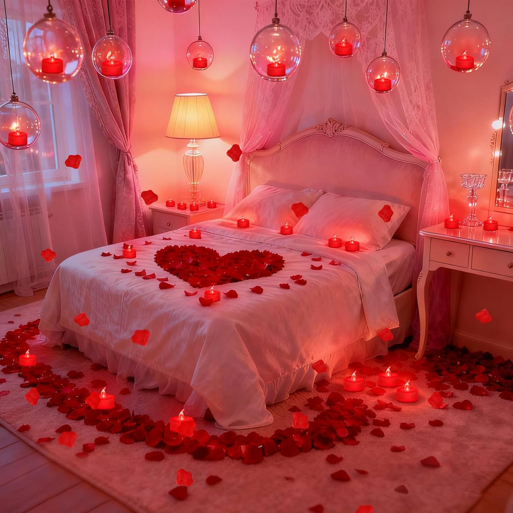 500 Pcs Red Rose Petals with 12 Red LED Tea Lights Candles Set, Artificial Rose Petals and Flameless Candles Set for Anniversary, Valentine's Day, Wedding Christmas Decor