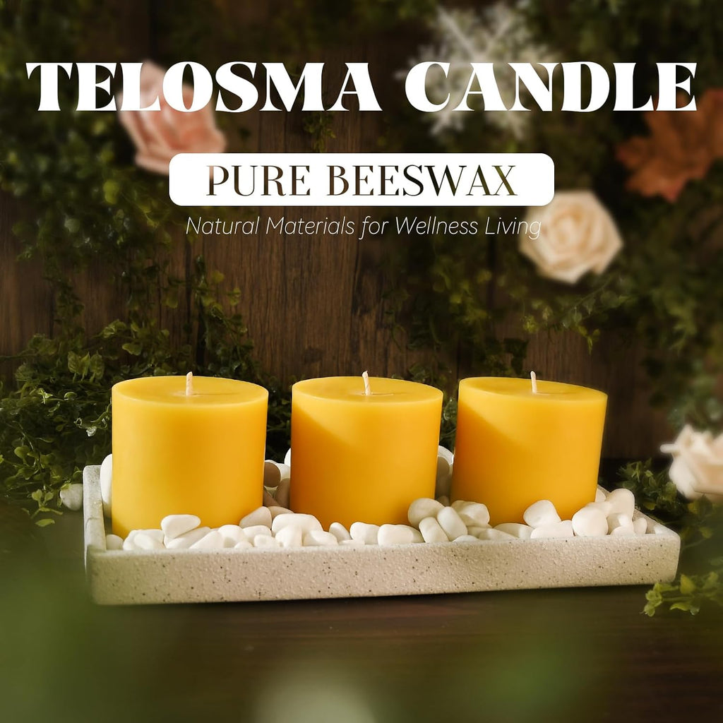 3x3 inch Natural Yellow Beeswax Pillar Candles - 3 Pack - Unscented