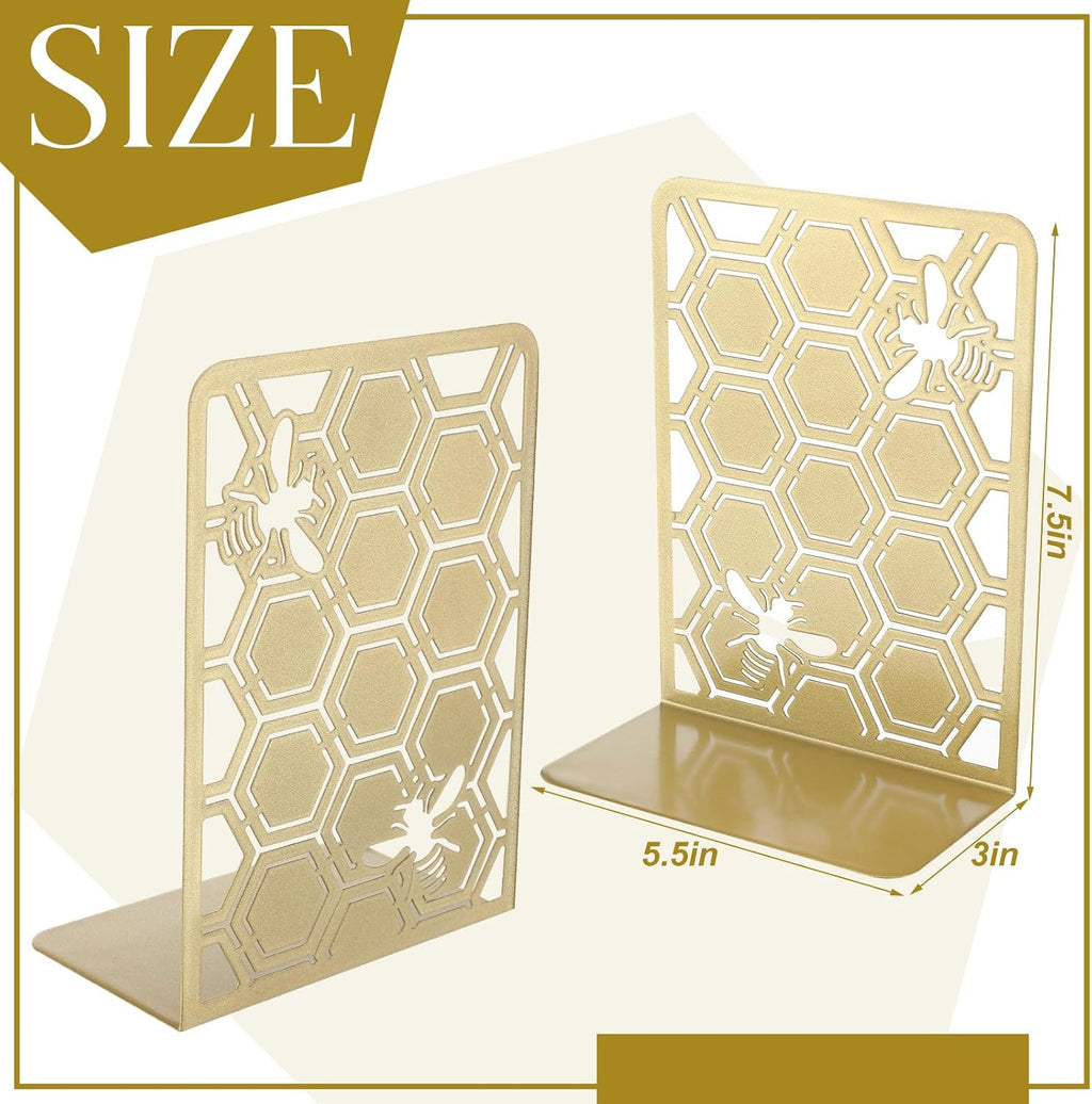 Chunful 6 Pack Gold Metal Honeycomb Bee Bookends Book Stoppers for Shelves