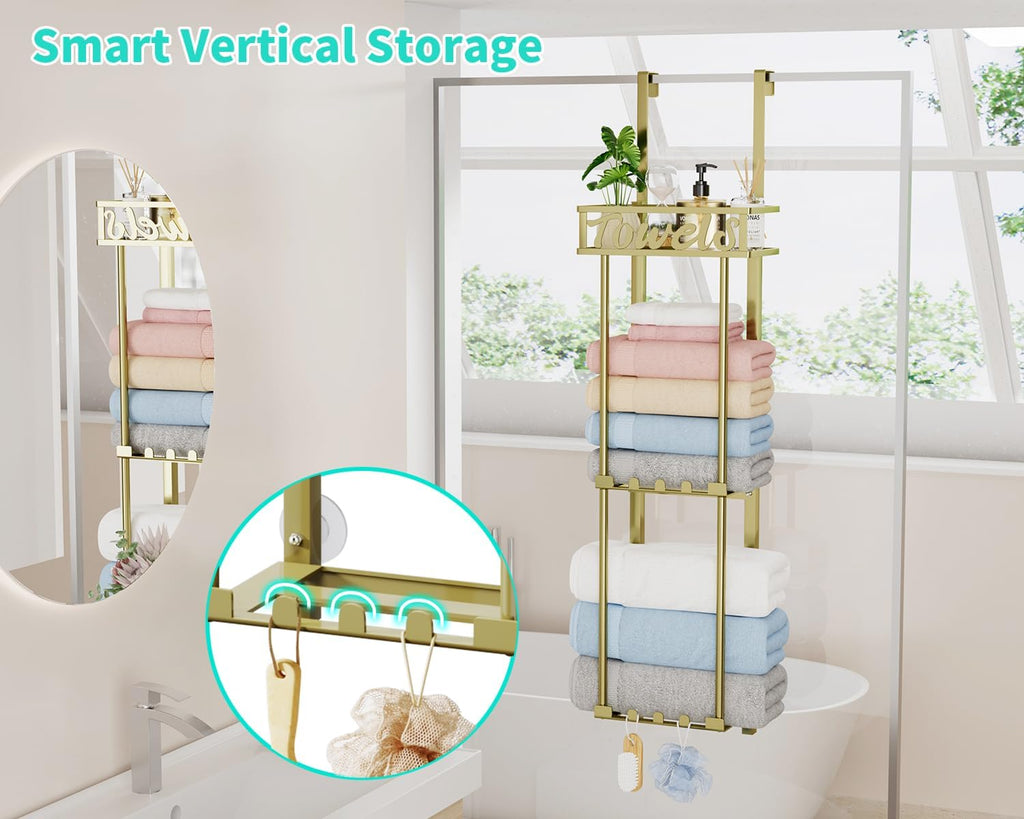 HapiRm Towel Rack Bathroom Storage - 3 Tier Over The Door & Wall Mounted Rolled Towel Racks Holder Organizer with Metal Shelf and 6 Hooks for Small Bathroom, Camper, Rv - Gold