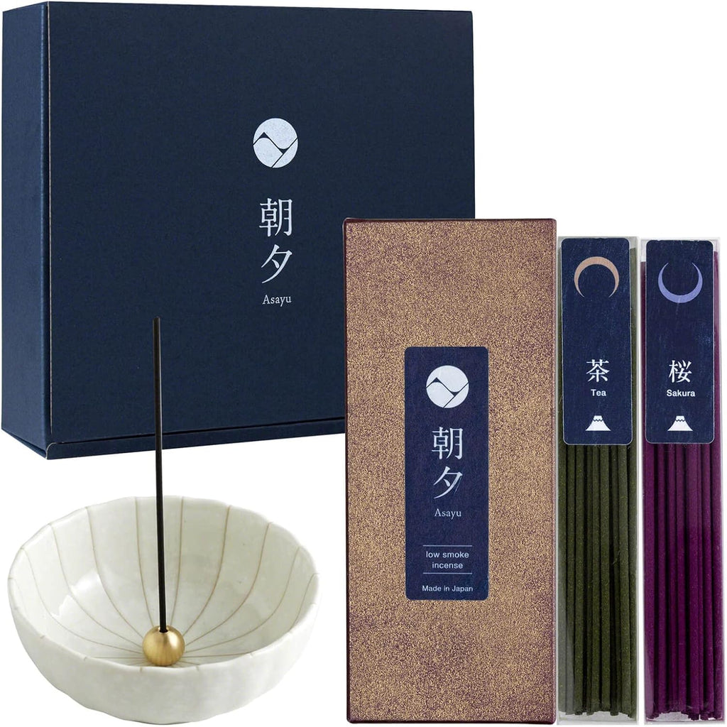 Asayu Japan Matcha and Sakura Incense Gift Set with White Lotus Holder