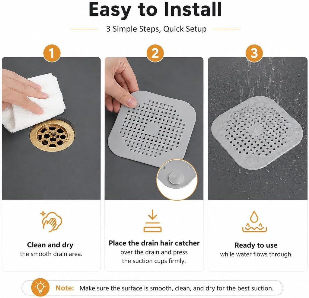 Hair Drain Catcher Set, Square Shower Cover 4-Pack (Grey) | Silicone Hair Stopper with Strong Suction Cups, Bathroom and Sink Protector Accessories, Simple Installation for Tub and Basin