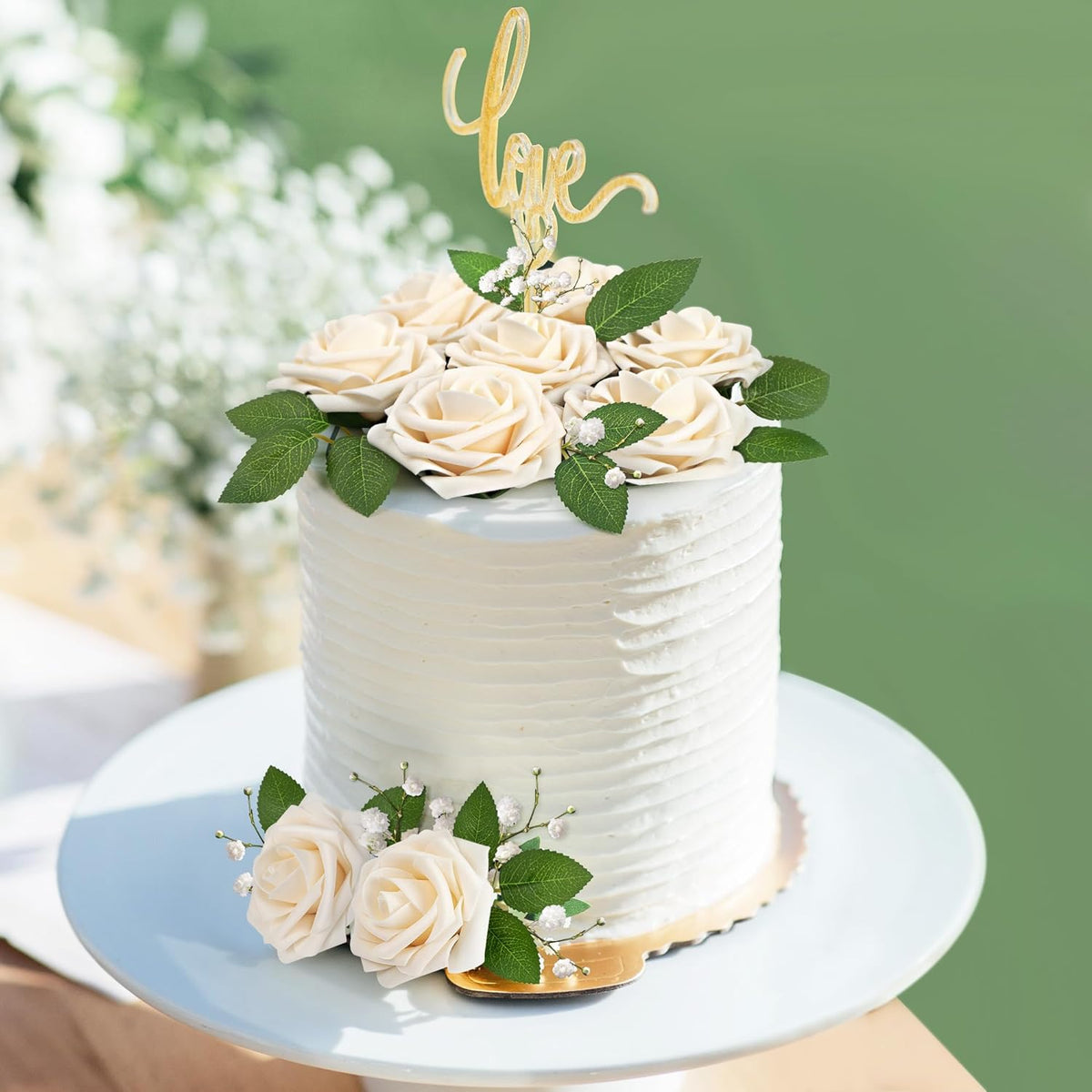 Mocoosy 50Pcs Rose Artificial Flowers, Cream White Fake Roses for Decorations, Real Touch Beige Foam Rose Bulk with Stem DIY Wedding Bouquet Bridal Shower Centerpieces Floral Arrangement Table Decor