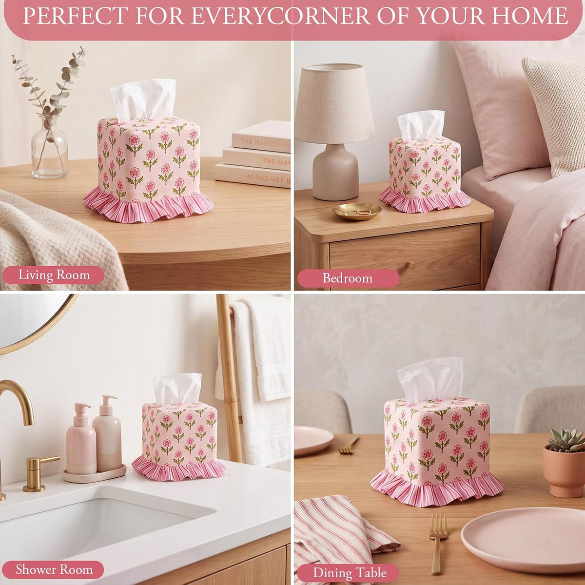 Pink Blockprint Floral Ruffle Tissue Box Cover Block Printed