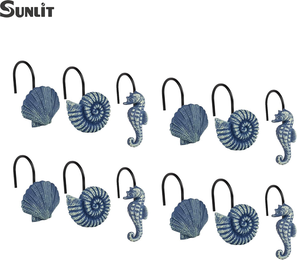 Sunlit Seashells Decorative Shower Curtain Hooks, Blue Ocean Creatures Coastal Shower Curtain Rings with Black Hooks, Resin, Nautical Bathroom Decoration Beach Shower Curtain Hooks, Set of 12
