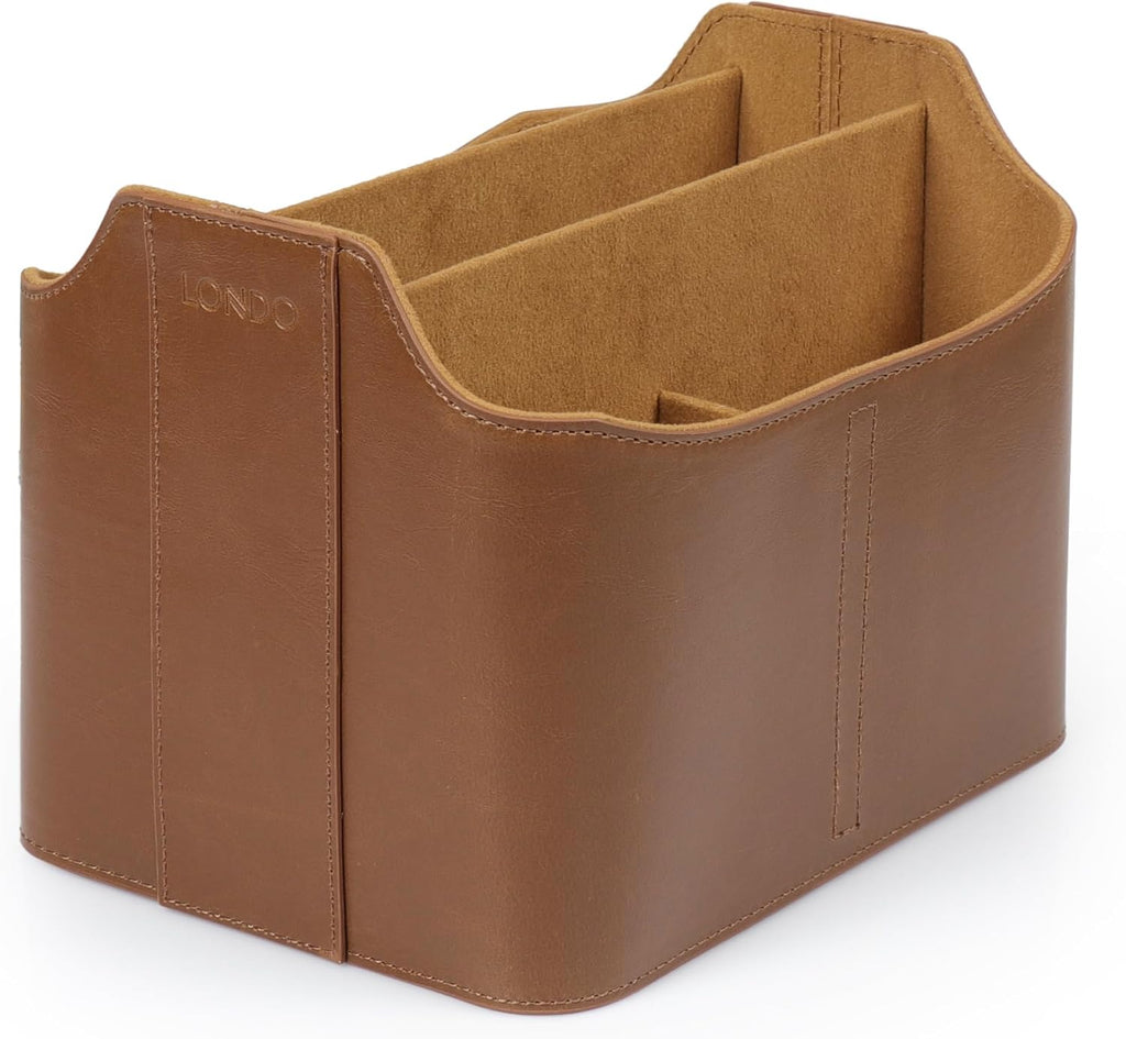 Londo PU Vegan Leather Desk Organizer Cube with Tablet Slot, Nightstand Caddy & Couch Organizer — 4 Remote Pockets + iPad/Kindle Slot, Makeup Brush Holder, Suede Lined, 8 x 6.1 x 6.1 in, Light Brown