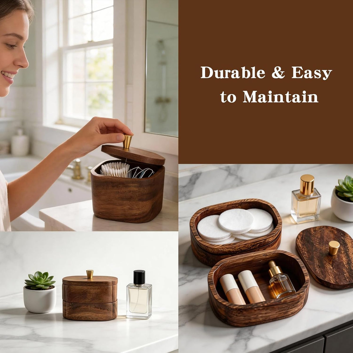 Acacia Wood Qtip Holder - Elegant Wooden Bathroom Canisters & Multi-Functional Bathroom Canister for Cotton Swabs, Dental Floss, and Bathroom Essentials