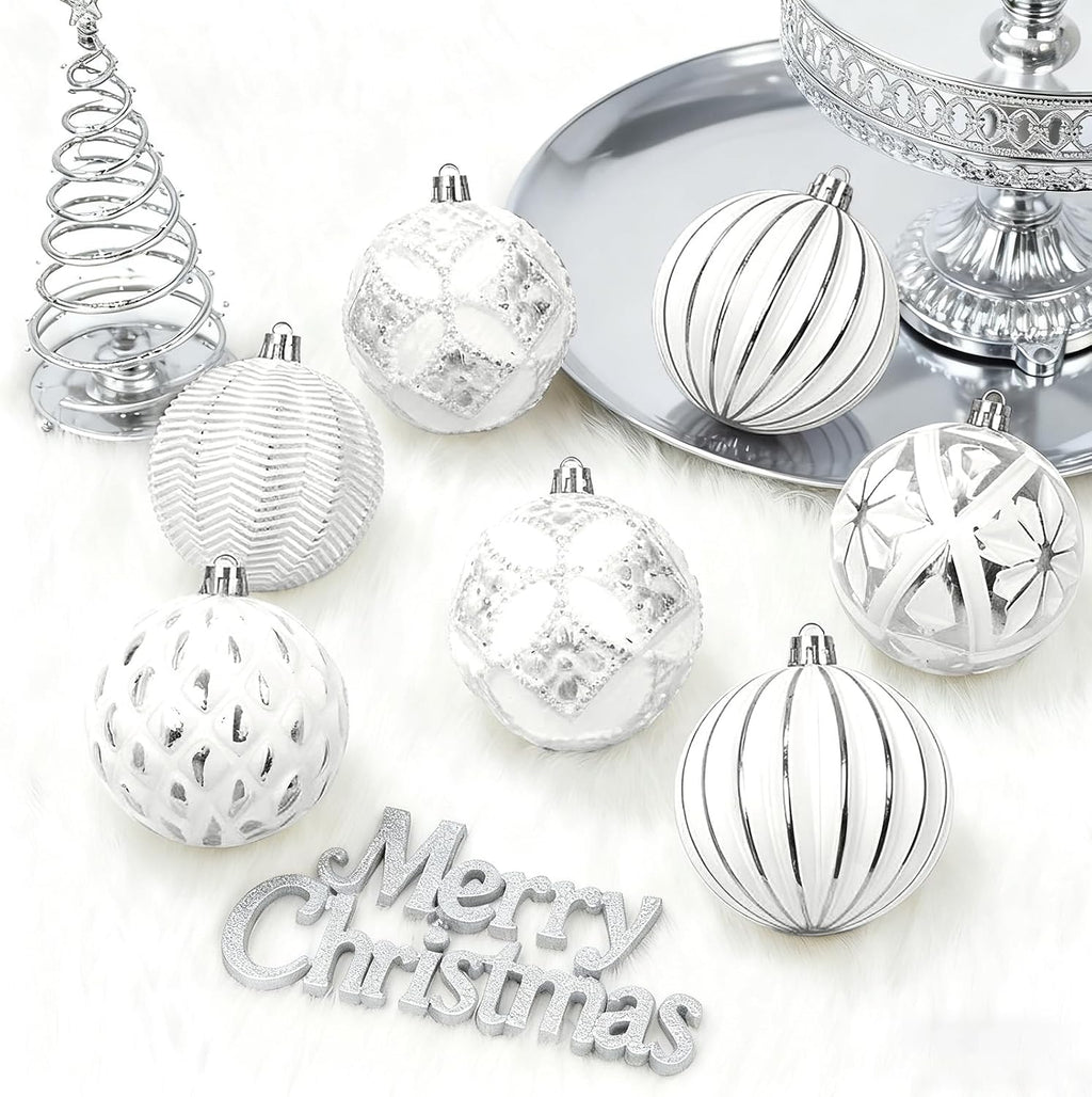 XmasExp Vintage Rustic Christmas Ball Ornaments Sets Neutral Christmas Ornaments Farmhouse Shatterproof Large Hanging Balls Tree Decorations for Xmas Xmas Home Party（Silver White, 12Pcs
