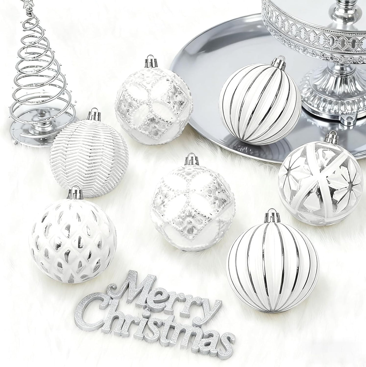 XmasExp Vintage Rustic Christmas Ball Ornaments Sets Neutral Christmas Ornaments Farmhouse Shatterproof Large Hanging Balls Tree Decorations for Xmas Xmas Home Party（Silver White, 12Pcs