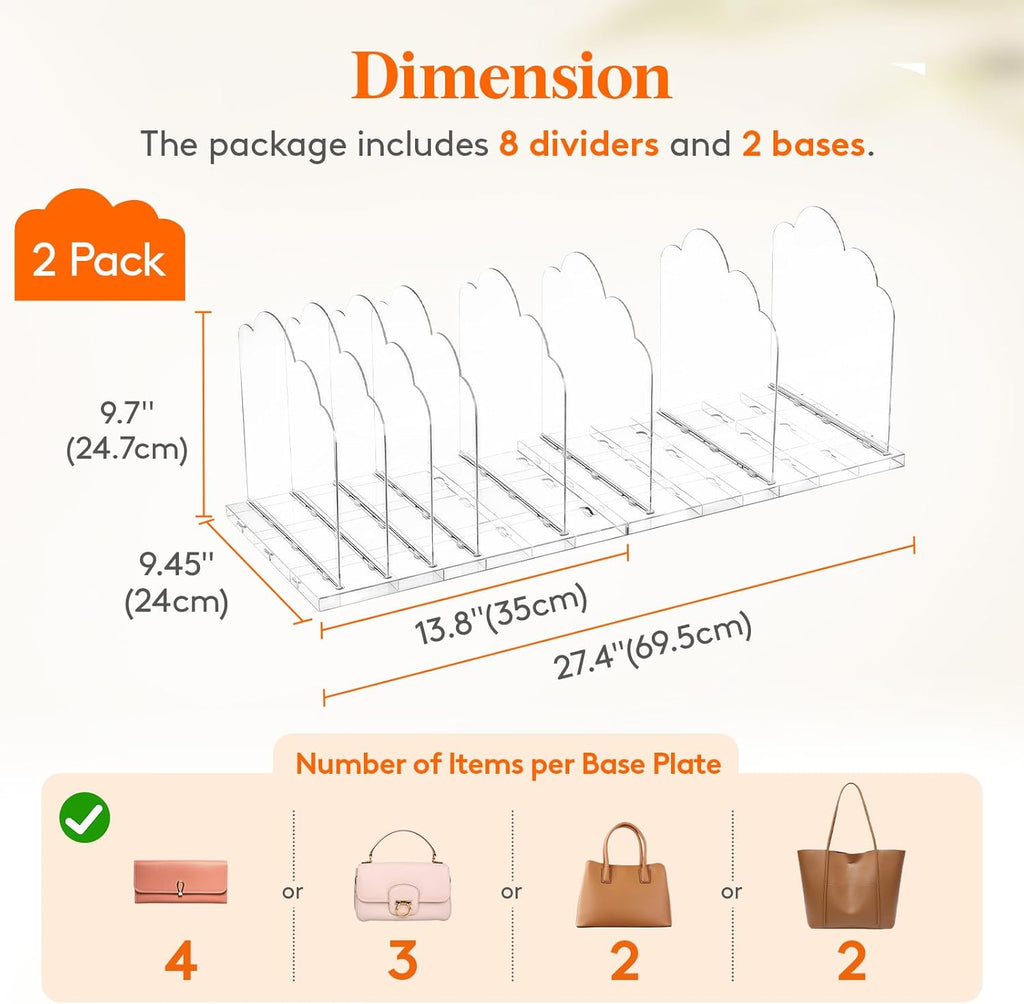 Lifewit Purse Organizer for Closet, 9.7" Tall Clear Handbag Shelf Dividers