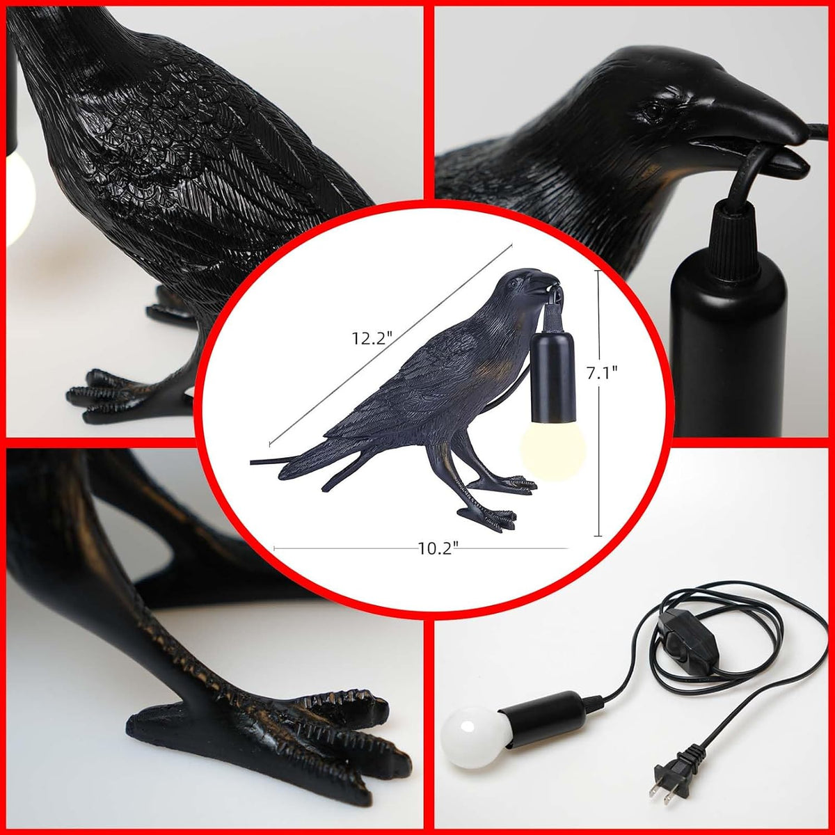 Raven Lamp - Adjustable Brightness with Bulb, Gothic Home Decor for Bedside, Bedroom, Living Room, Halloween Table Decor Light