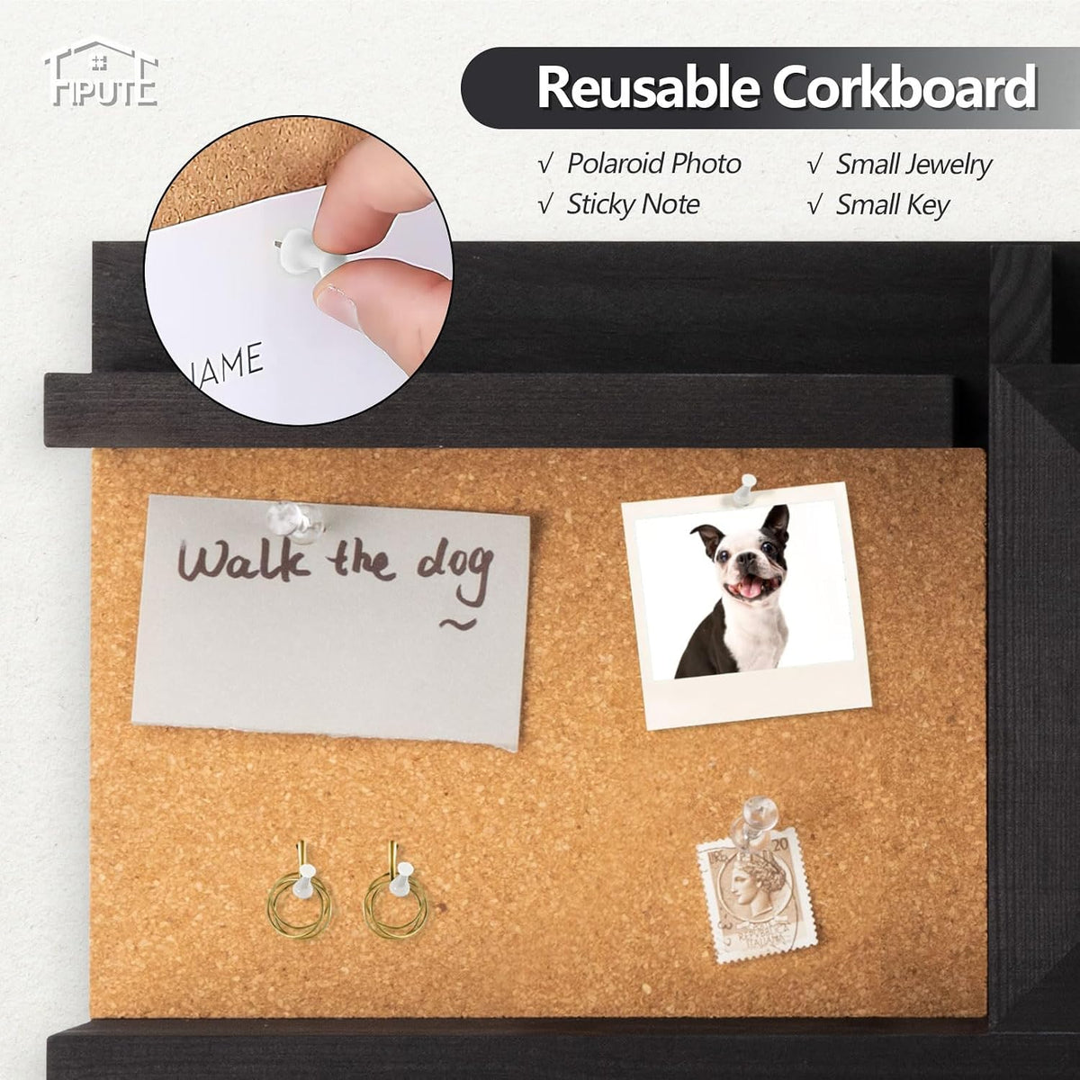 Key Holder for Wall with Mail Organizer,Farmhouse Mail and Key Holder for Wall,Key Hanger with ‌Metal 11 Hooks,Corkboard,and Shelf,Decorative Natural Pine Wood Entryway Organizer,14.6*11.1*3.3”,Black