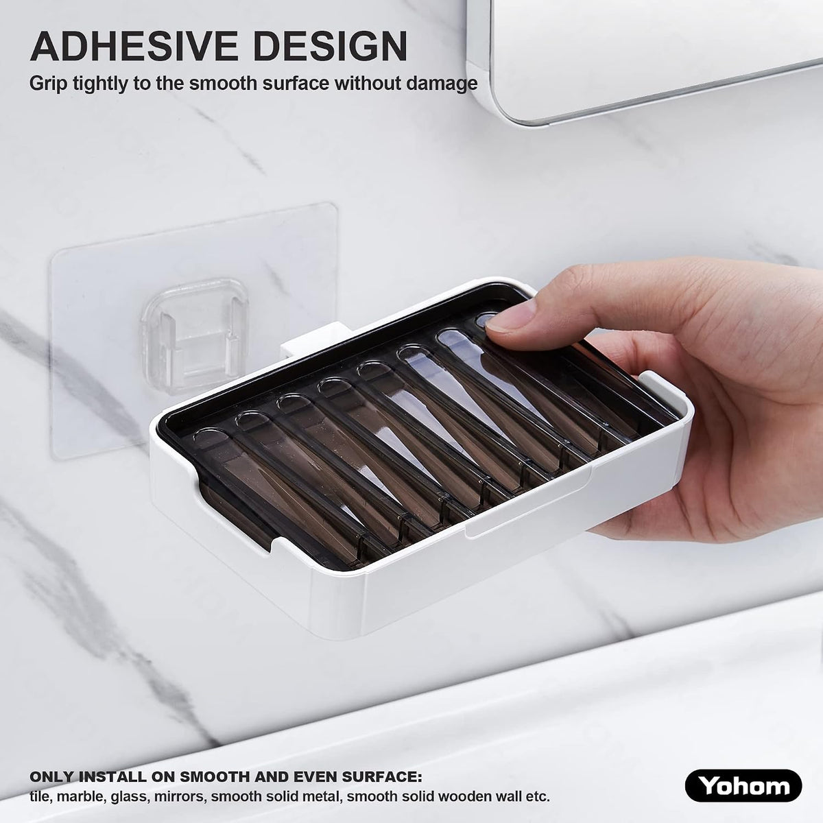 YOHOM Adhesive Bar Soap Holder for Shower Wall Hanging Soap Dish with Drain Tray Plastic Stick on Bathroom Sink Soap Holder 2PCS