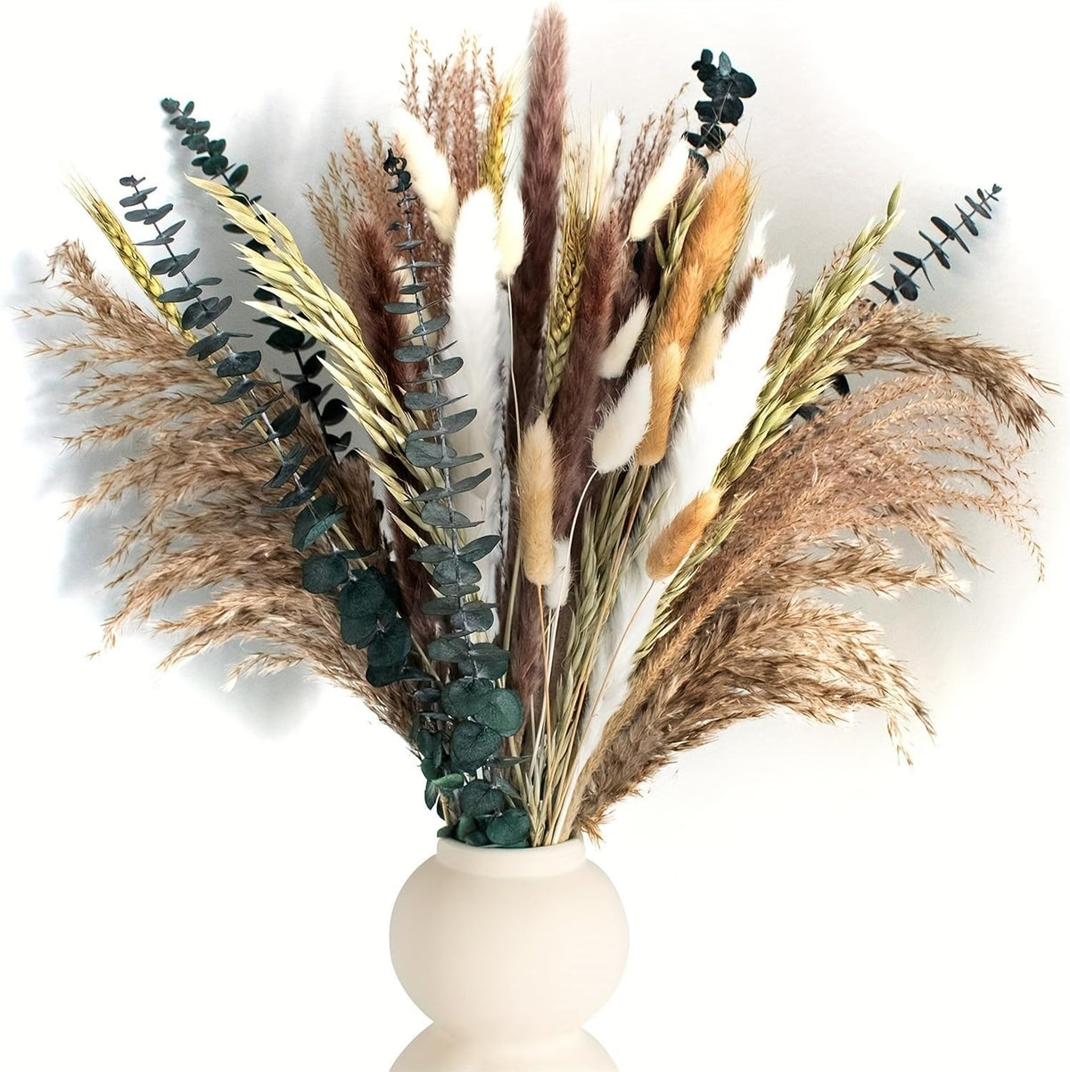 100-Piece Dried Pampas Grass Bouquet – Mixed Natural Tones in Beige, White, Black, and Green – Decorative Floral Set for Holiday, Seasonal, and Everyday Home Decor (17 in) (Beige White Black Green)