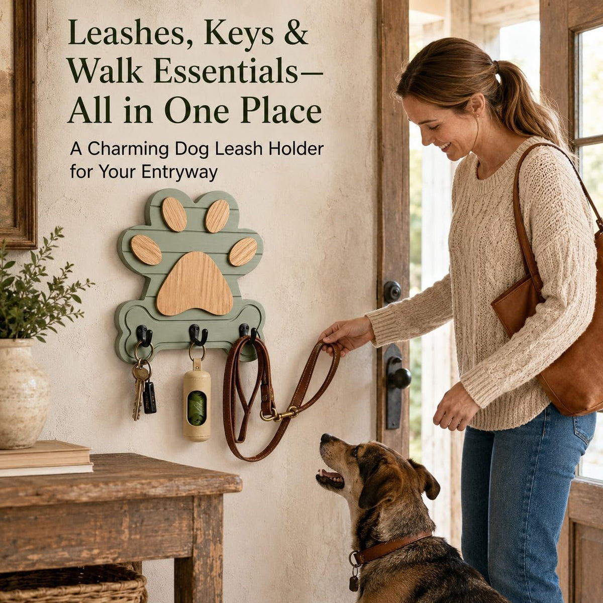 2pcs Dog Leash Holder for Wall, Dog Leash Holder, Dog Leash Hooks for Wall,Dog Leash Hanger,Dog Paw Key Holder,Wall Mounted Dog Leash and Key Holder,Rustic Pine Wood Decor（Sage Green）