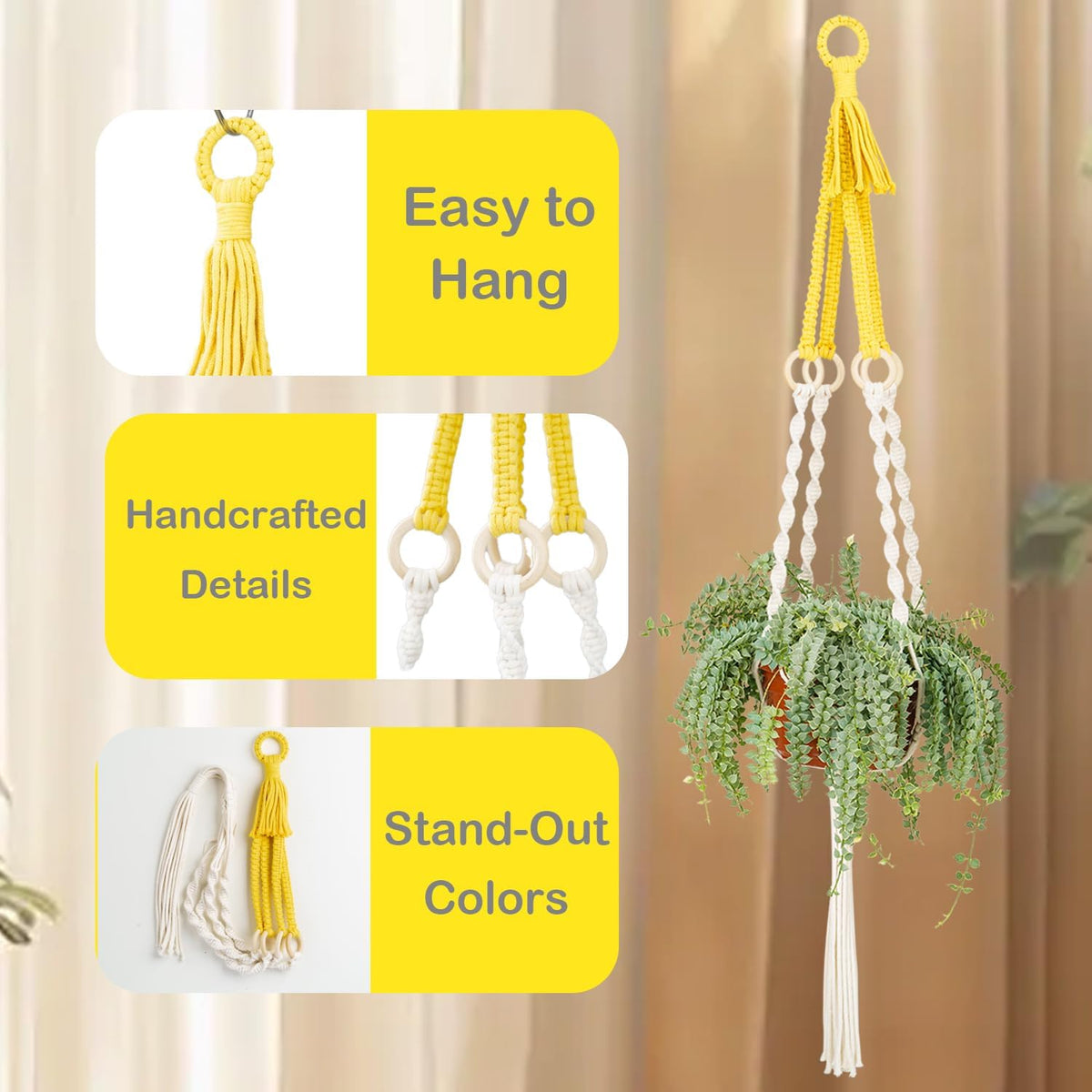 Large Macrame Plant Hangers Indoor & Outdoor (37.4”) Boho Two-Tone Colored Hanging Planters for Indoor Plants, Macrame Wall Hanging Decor for Flower Pots & Baskets (Pots Not Included)