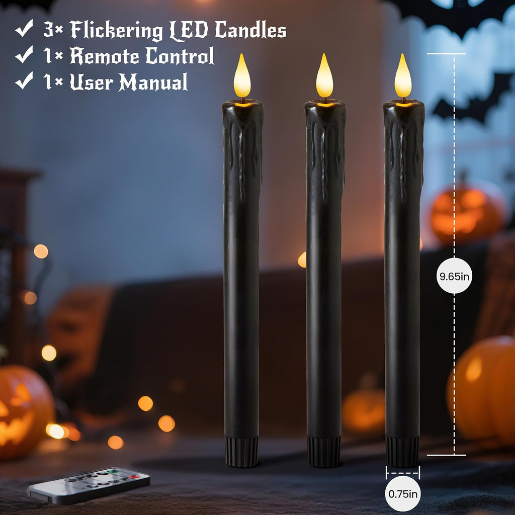 Halloween Decor, Wax Drip Black Flameless Taper Candles with Remote, 3 Pack