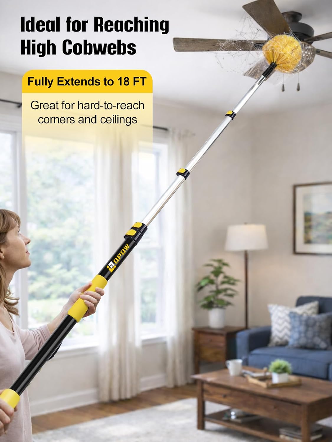 25ft High Reach Cobweb Duster with 5-18ft Extension Pole and 2 Brush Heads