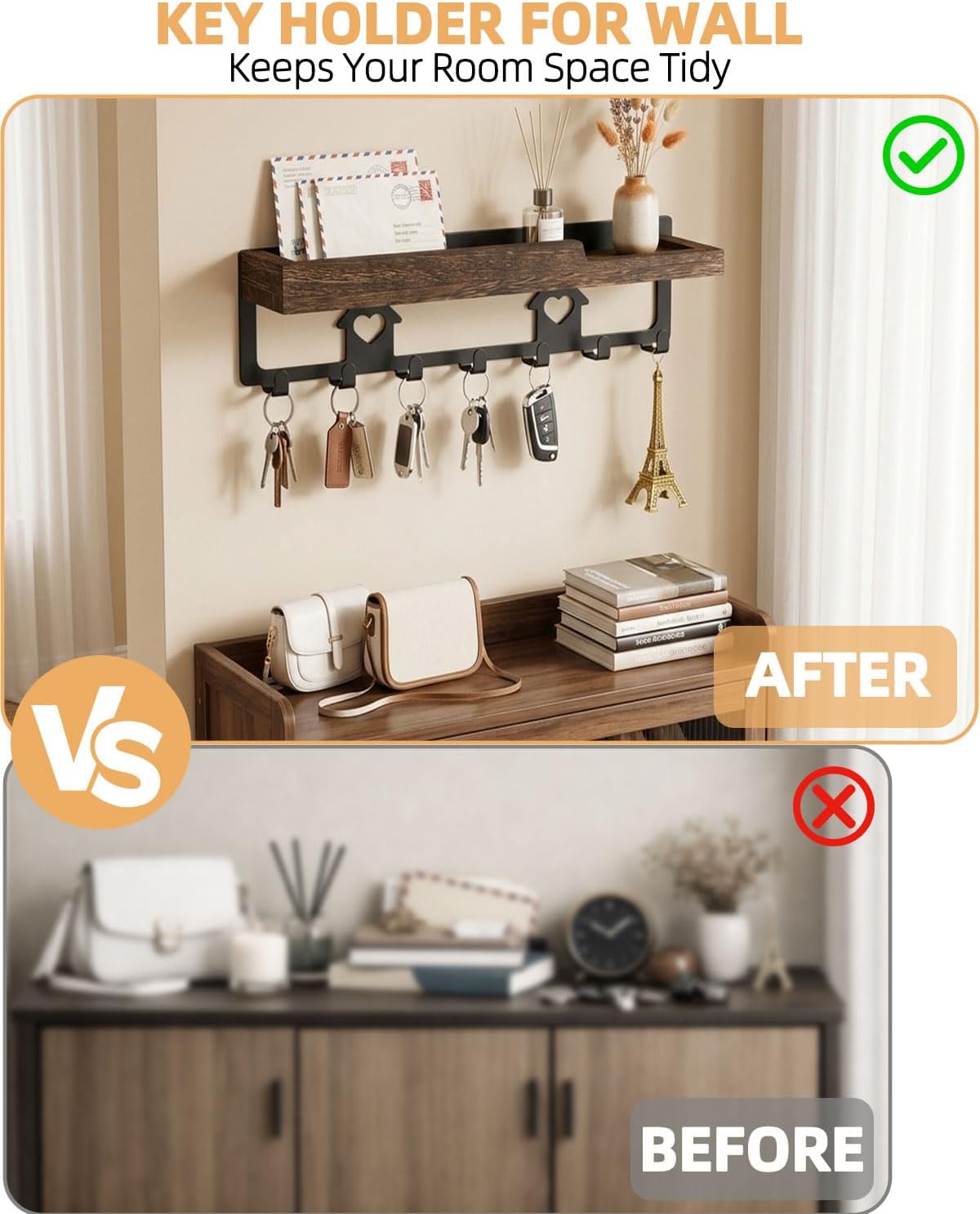 lucdnc Key Holder for Wall Mounted with Tray, 7 Hooks & Wood Shelf