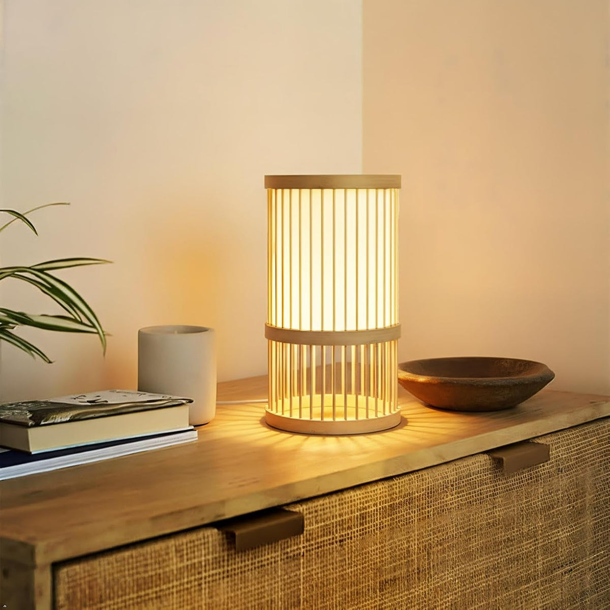 AFORTLO Table Desk Lamp,Janpandi Bamboo Boho Decorative Nightstand Night Light Japanese Hollow-Out Lamp Home Decor for Bedroom,Living Room,End Table or Office with Bulb(White)