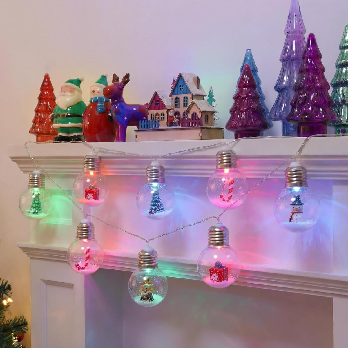 Aurelema 2 Pcs Christmas Bulb String Lights Snow Globe Lamp, Colorful Light
