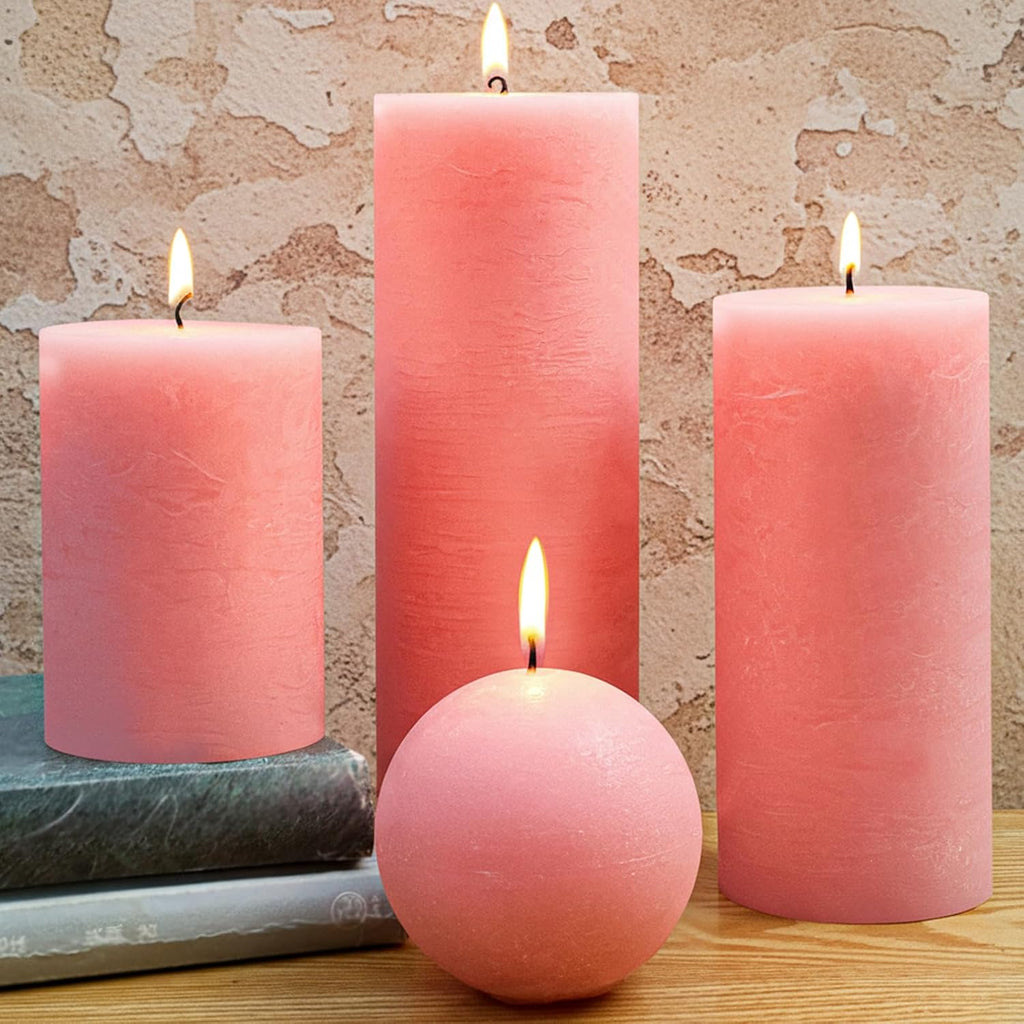 Pink Textured Pillar Candles Set - 4 Pcs Assorted Sizes Rustic Unscented Pillar Candle, Decorative Farmhouse Candles for Home Centerpiece Decor, Holiday Dinner Table, Dripless & Smokeless