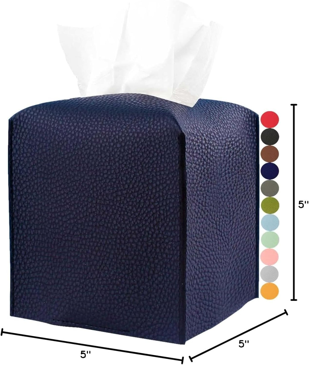 Tissue Box Cover Square Leather – Tissue Box Holder with Bottom Belt [JESMINI, Navy Blue] Decorative Cube Tissue Holder for Bathroom