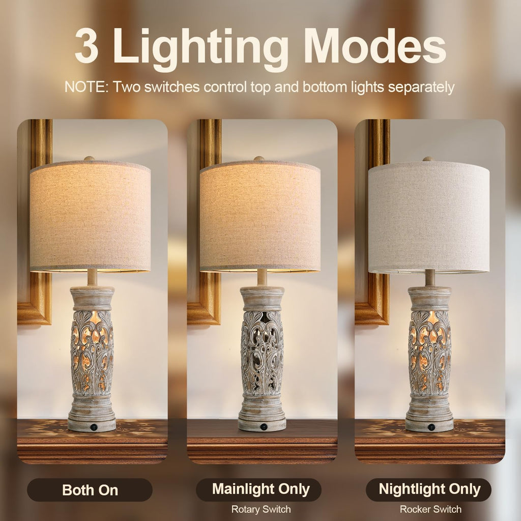 27.25”Farmhouse Table Lamps Set of 2 with Night Light, Rustic Bedside Lamp
